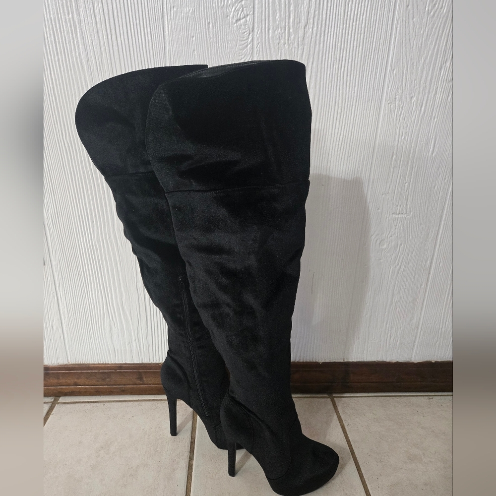 JustFab | Black Vetria Wide-Calf Thigh-High Velvet Boot Size 8.5